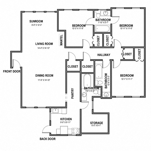 Floor plan for 3 beds, 3 baths, 1609 sqft